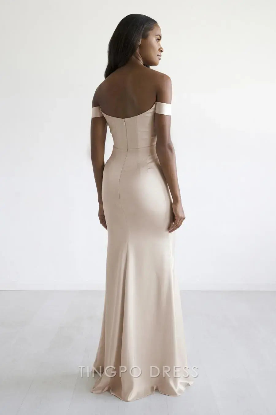 TingPo Wholesale Simple Champagne Satin Off-Shoulder Dress - Asymmetric Ruched Bodycon Evening Gown